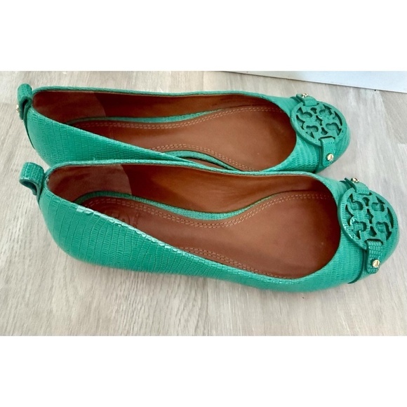TORY BURCH Size 6.5 M Mini Miller Pond Green Logo Ballet Flat Leather Shoes - Picture 5 of 13